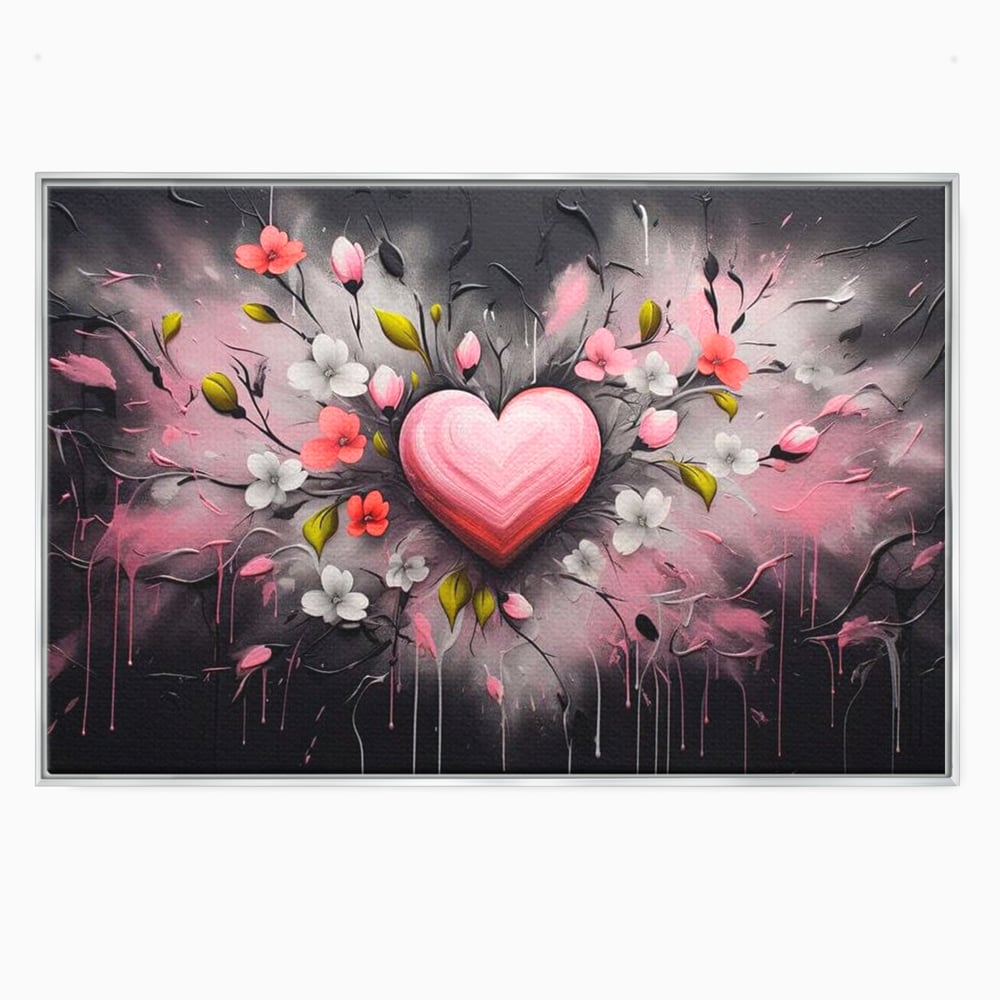 Tablou canvas cu tablou canvas cu inima roz si flori, in rama de aluminiu argintiu